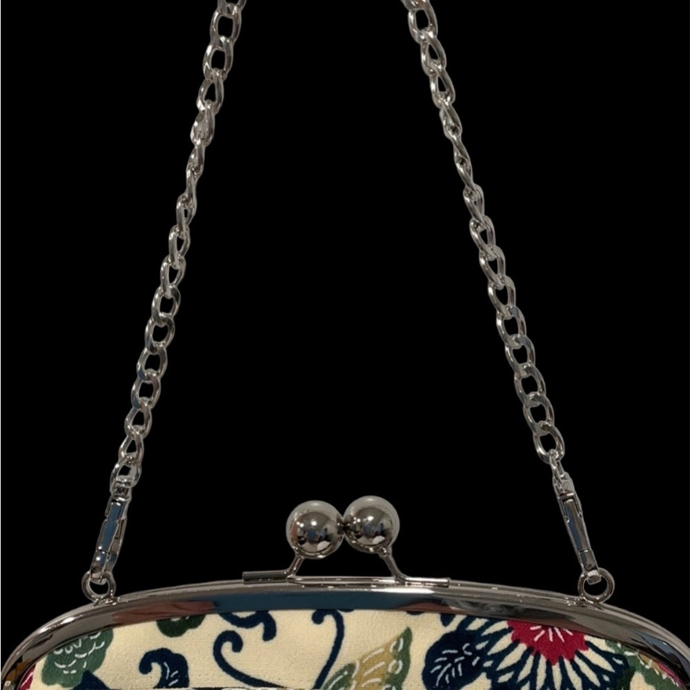 NEW Arabesque Floral Print Fabric Double Kiss Lock Handbag Bright Pink Lining - Picture 9 of 10